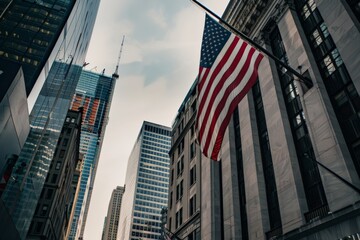 US flag flying in city street amidst towering buildings