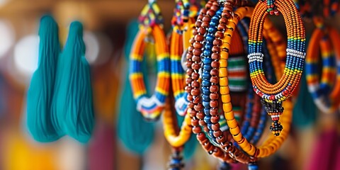 Naklejka premium Selective focus on intentionally blurred close-up of popular beaded African earrings, Generative AI
