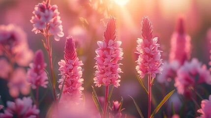 Obraz premium Beautiful pink wildflowers glowing in the soft sunlight of a serene meadow, capturing the essence of nature's beauty and tranquility.