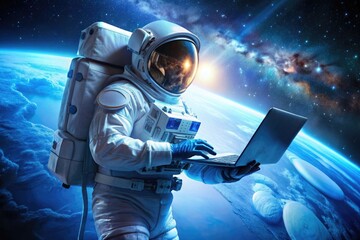 An astronaut in outer space holds a laptop in his hands