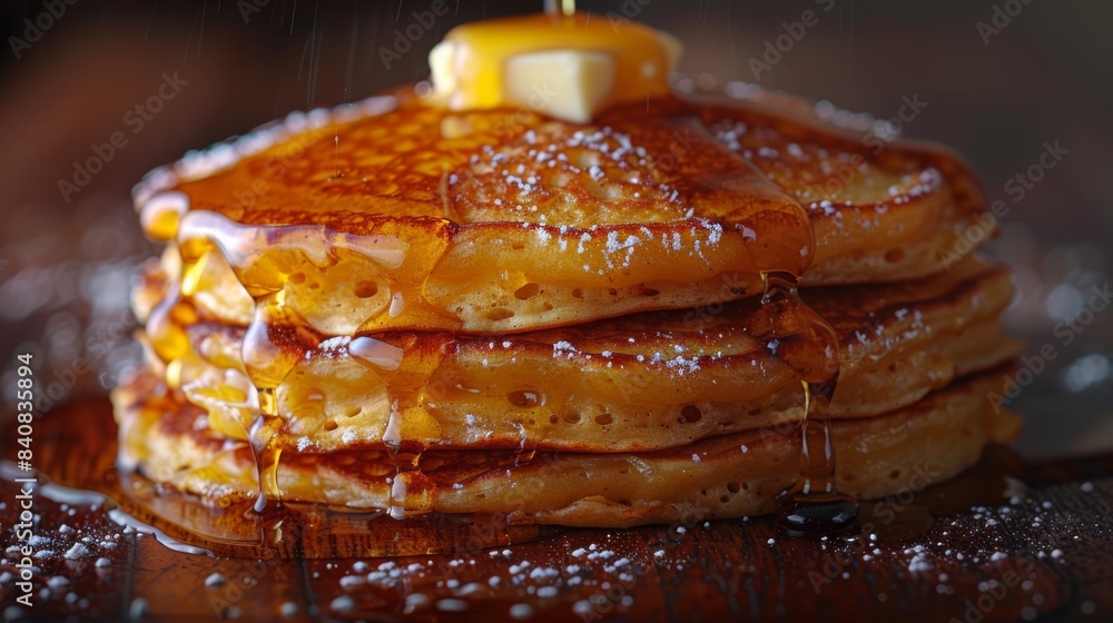 Poster capture the fluffy perfection of a stack of buttermilk pancakes, featuring a drizzle of syrup and a 