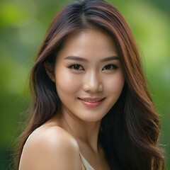 Fototapeta premium Pretty Asian beauty woman long hair with japanese makeup glowing face and healthy facial skin portrait smile on isolated green background
