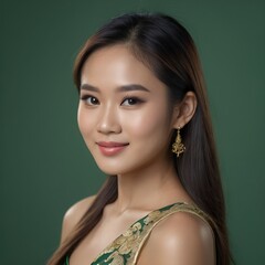 Pretty Asian beauty woman long hair with japanese makeup glowing face and healthy facial skin portrait smile on isolated green background