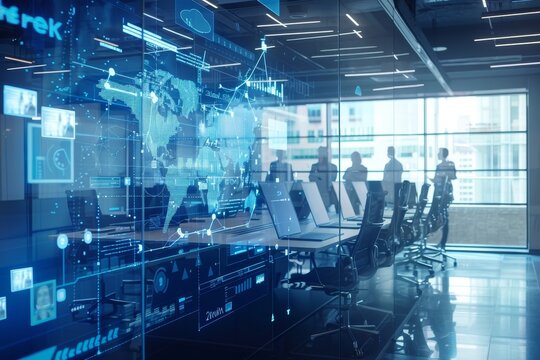 A conference room with employees engaging in a virtual meeting with global partners, symbolizing the global connectivity enabled by digital transformation