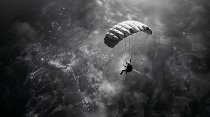 Paratrooper descending over french landscape, black and white photography in style of a war archive image - Powered by Adobe