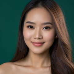 Fototapeta premium Pretty Asian beauty woman long hair with japanese makeup glowing face and healthy facial skin portrait smile on isolated green background