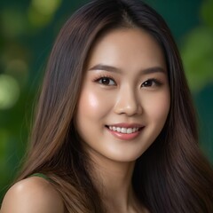 Fototapeta premium Pretty Asian beauty woman long hair with japanese makeup glowing face and healthy facial skin portrait smile on isolated green background