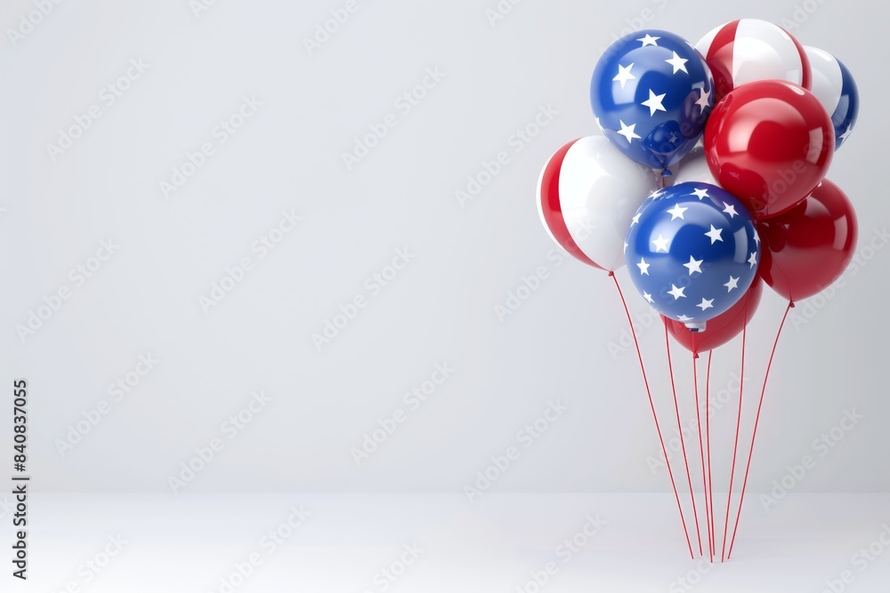 Poster balloons in red white and blue, american flag colors, on the bottom of an empty background generativ