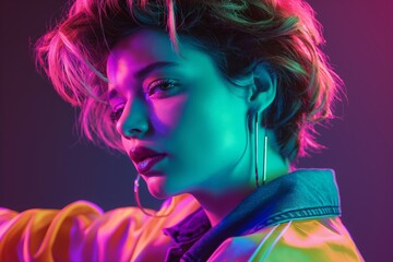 Fototapeta premium Young woman posing with neon lights in a studio
