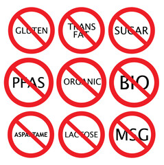 Set allergen free icons. Allergen free products. Products warning symbols. Lactose, gluten, sugar, corn, egg, trans fat, soy, nuts free, coffeine , bio ,gluten,msg, pfas sign.