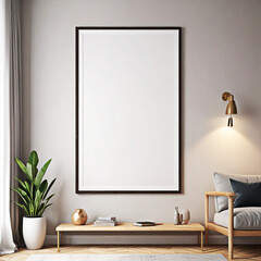 Mockup poster frame close up in interior background on the wall, 3d render design. Ai concept.