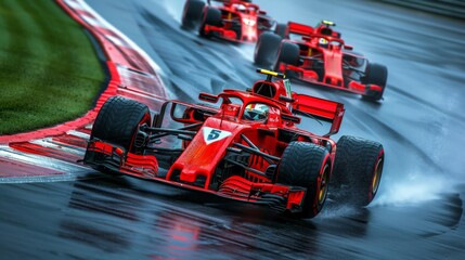 Capture the excitement of Formula 1 racing on a windy day, showing the aerial view of cars battling against gusts