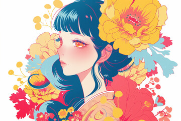 Anime Woman With Long Black Hair And Snake In Flowers