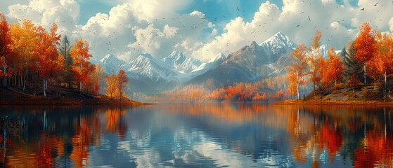 view of a lake in a scenic valley, surrounded by a forest of green trees and a majestic mountain range, bathed in the warm sunlight of a summer morning