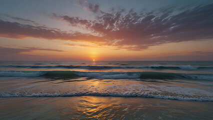 Fototapeta premium A serene pastel-colored sunrise over a tranquil ocean with soft waves, evoking peace and natural beauty in a calming scene, seascape, sunrise, beach, ocean, horizon
