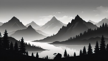 Beautiful black and white landscape with high mountain peaks. Generated AI