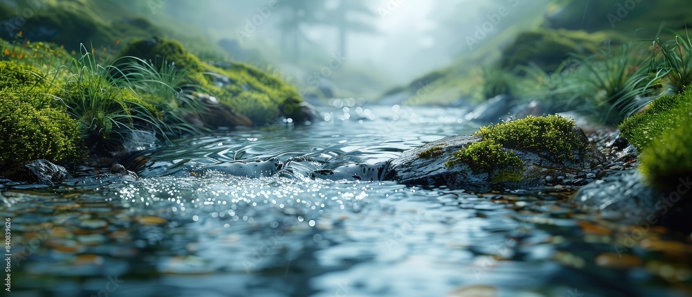 Poster autumn landscape with a scenic river valley and a colorful forest in the background with a few leave