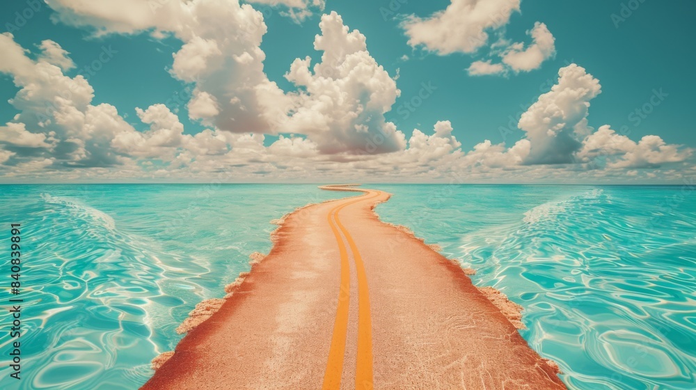 Aufkleber render a road that appears to float on water, its surface rippling and undulating like waves on the 
