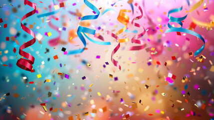 Colorful Confetti and Streamers Descend Against a Vibrant Background of Blue, Orange, Pink