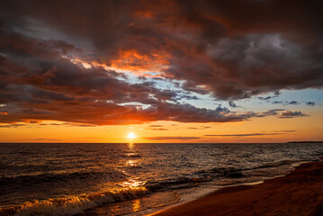 Summer sunset on Lake Peipus. Pskov region