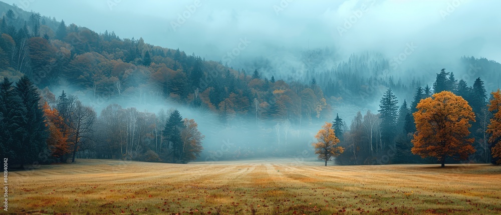 Poster landscape with a scenic mountain view and a misty forest in the background with a few clouds in the 