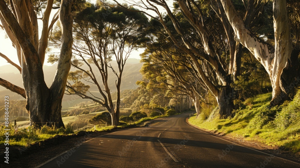 Aufkleber render a road that winds its way through a dense jungle, its path obscured by towering trees and thi