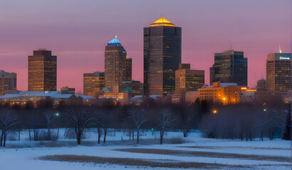 Fototapeta premium Edmonton Downtown Skyline Just After Sunset in the Winter