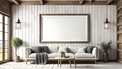  Mockup frame in farmhouse living room interior, 3d render 