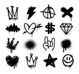 Rock collection of Graffiti spray symbols and grunge icons: heart, diamond, star, rock, crown - isolated vector on white background. Street Art and Rock Doodle icons and elemets in graffiti style (1) © VRTX