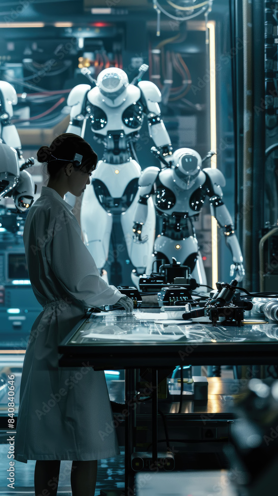 Poster a female engineer in a white lab coat is working on a table with several futuristic robots standing 
