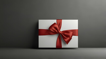 Blank white gift card with red ribbon bow isolated on grey background with shadow minimal conceptual