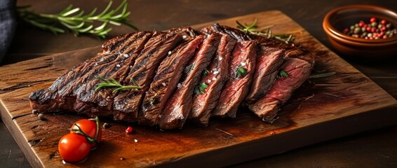Sliced wagyu flank steak on burnt cutting board, Generative AI