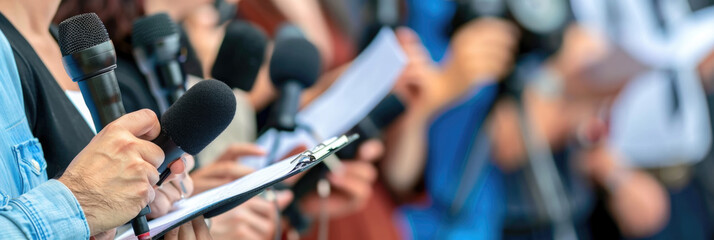A journalist holds a microphone in front of a crowd, waiting for a statement from a speaker during a press conference