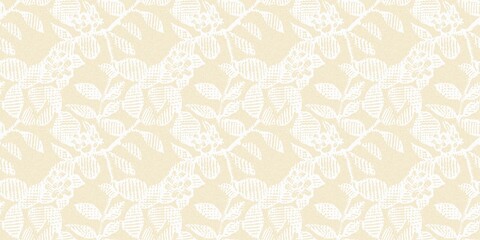 Modern white on cream lace effect wedding border texture. Soft tonal linen openwork block print with subtle hand drawn lattice damask printed fabric banner edge trim. 