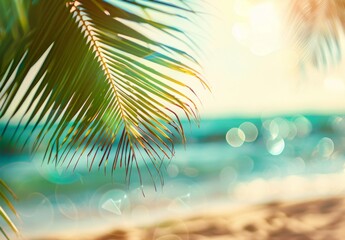 Fototapeta na wymiar A sunny sand beach with a stunning sea view, framed by green palm leaves on a tropical shore. The bokeh of sunlight on waves creates an abstract backdrop, perfect for summer vacations and travel dream