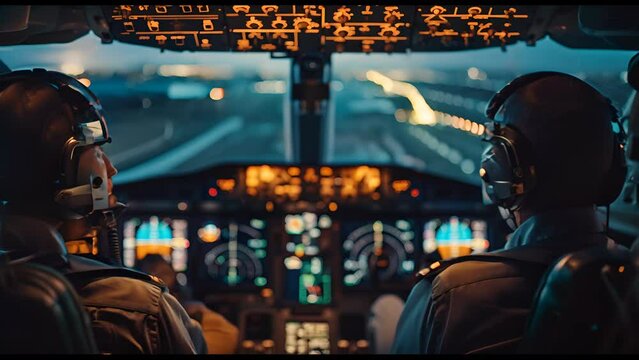 slow motion videoJumbo Jet Sunset Landing: Airliner Cockpit Crew in Action