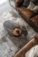 Wooden Coffee Table With Tea Set And Dried Flowers In A Modern Living Room