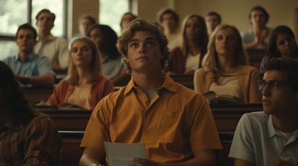 Fototapeta premium Нoung man sits in a classroom, listening attentively to lecture. He is surrounded by other students, all paying attention to lesson. classroom is well-lit and atmosphere is calm and focused