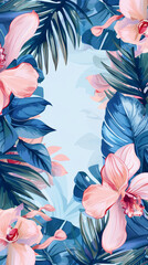 Aesthetic invitation template with orchid flowers tropical leaves light blue and pink colored. Copy space. Generative AI