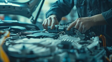 A mechanics hands work on the electric battery of a car. The hood is open, revealing the engine. The image is focused on the mechanics hands as they work - Powered by Adobe