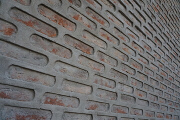 Seamless brick layers pattern wall background, Red uneven break texture backdrop, Artistic 3d layered brick pattern surface