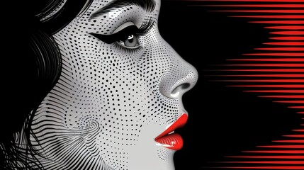 Abstract Black And White Portrait With Red Lines On A Dark Background