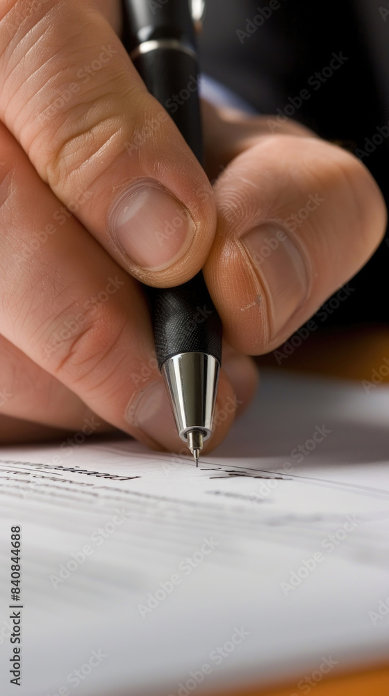 Poster a close up image of a hand signing a document with a pen. the image is focused on the pen, which is 