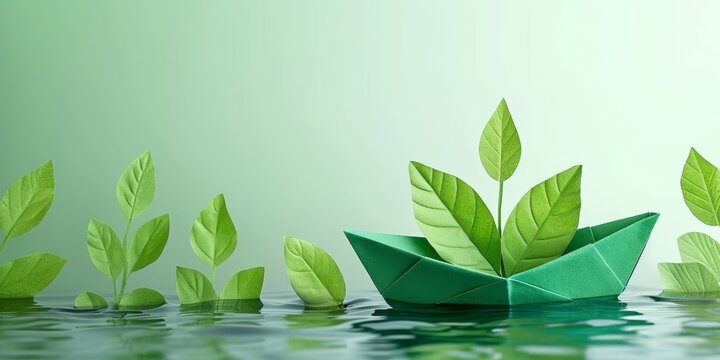 Eco friendly maritime transport concept Leafy paper boat represents clean energy for sea and cargo transportation, Generative AI