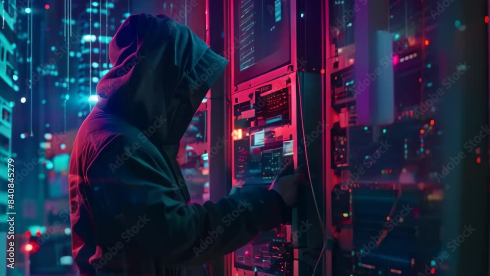 Poster a man wearing a hooded jacket is focused on working on a server, typing rapidly on a keyboard, a vis