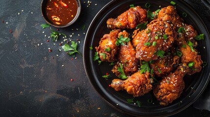 A close-up, high-angle view of golden-brown Korean fried chicken, sprinkled with sesame seeds and green onions, served on a black plate with a side of spicy sauce