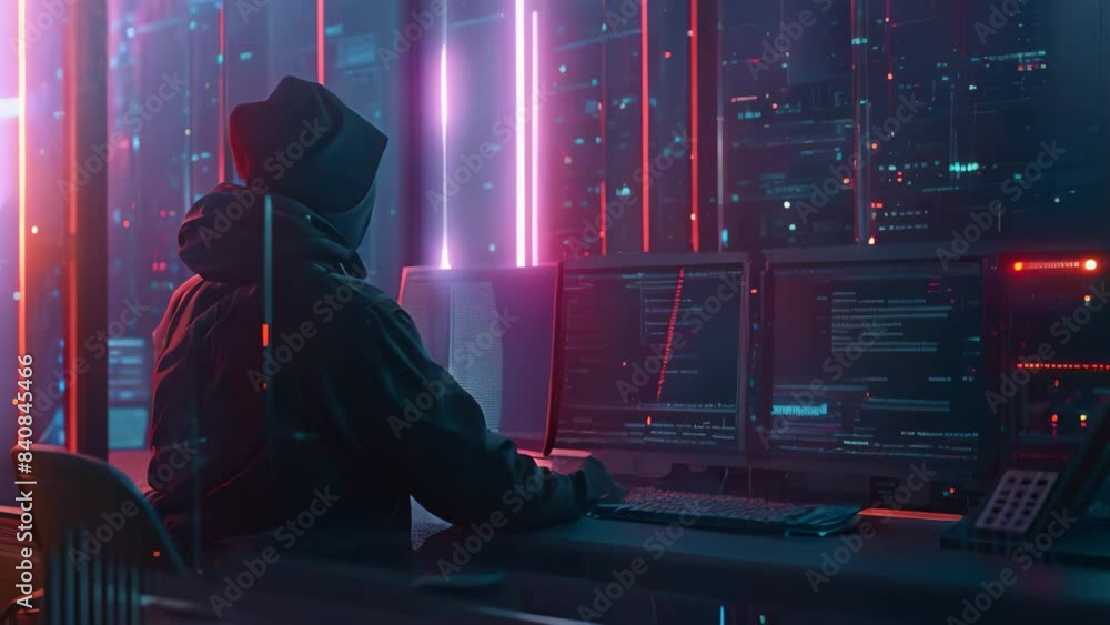 Aufkleber a man sitting in front of a computer monitor, focused on his work, a visual representation of a hack