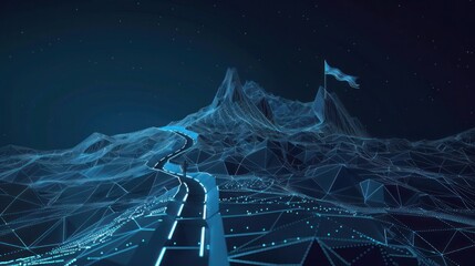 Business goals achievement and ambition concept. low poly wireframe a flag on top mountain