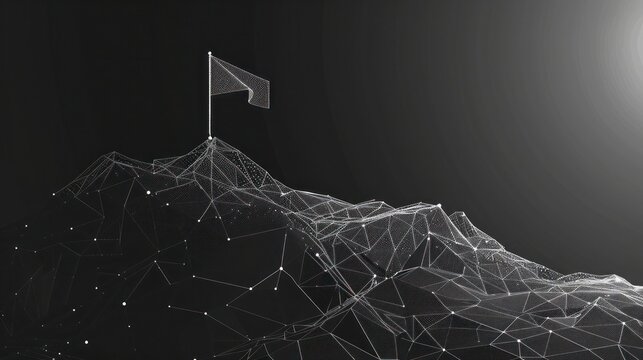Business goals achievement and ambition concept. low poly wireframe a flag on top mountain