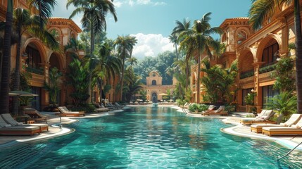 Tropical Paradise Capture the relaxation of a family lounging by the poolside of a luxurious resort, sipping fruity
